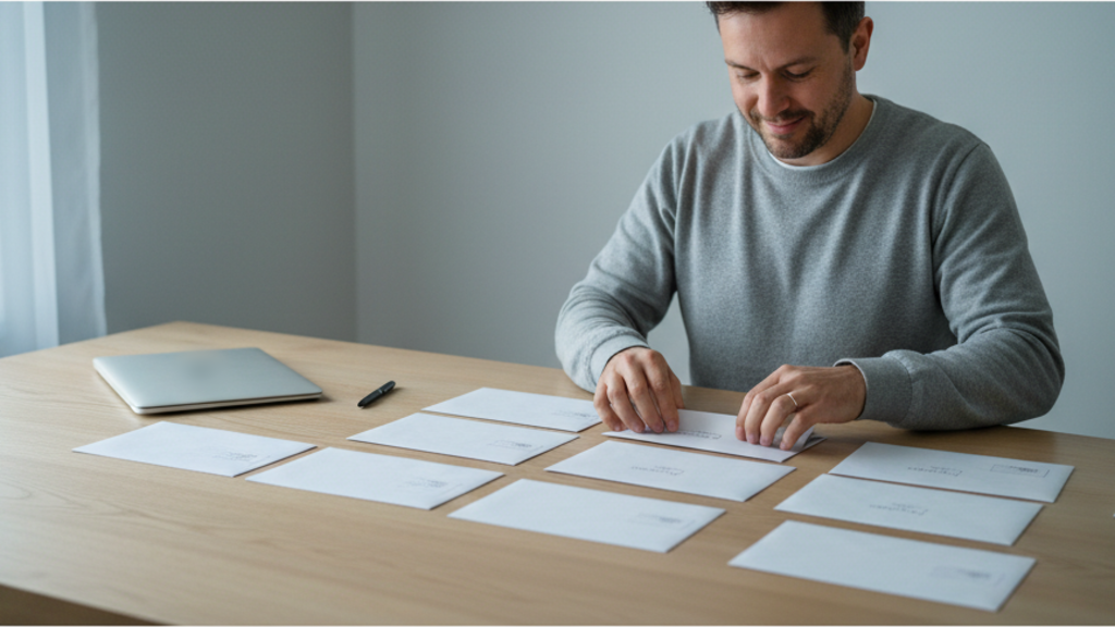 A man sorts a wide fan of blank addressed envelopes into groups across a desk in cool morning light