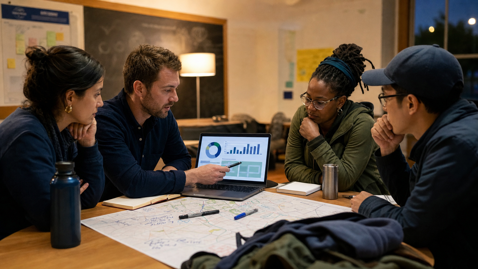 A campaign field team compares early canvassing results with notes and a neighborhood map after a shift.