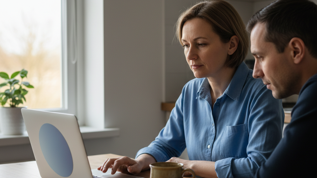A woman completes an online order form on a laptop at a kitchen table while a second person leans in to watch