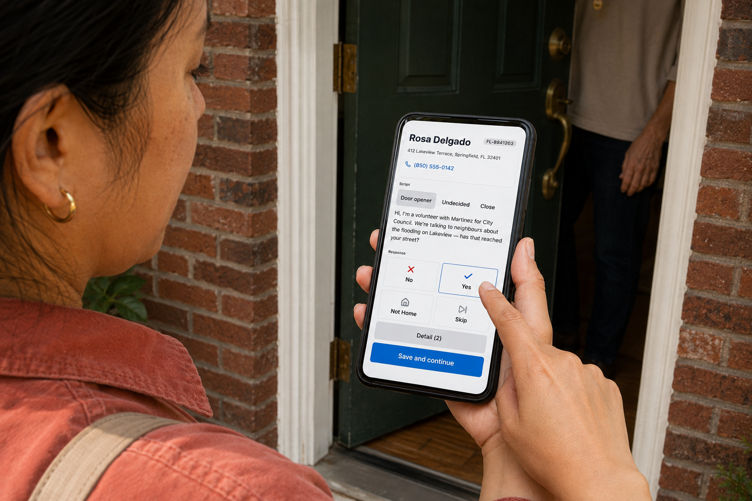 Illustration of a canvasser tapping Yes in Activate at a resident’s open front door.