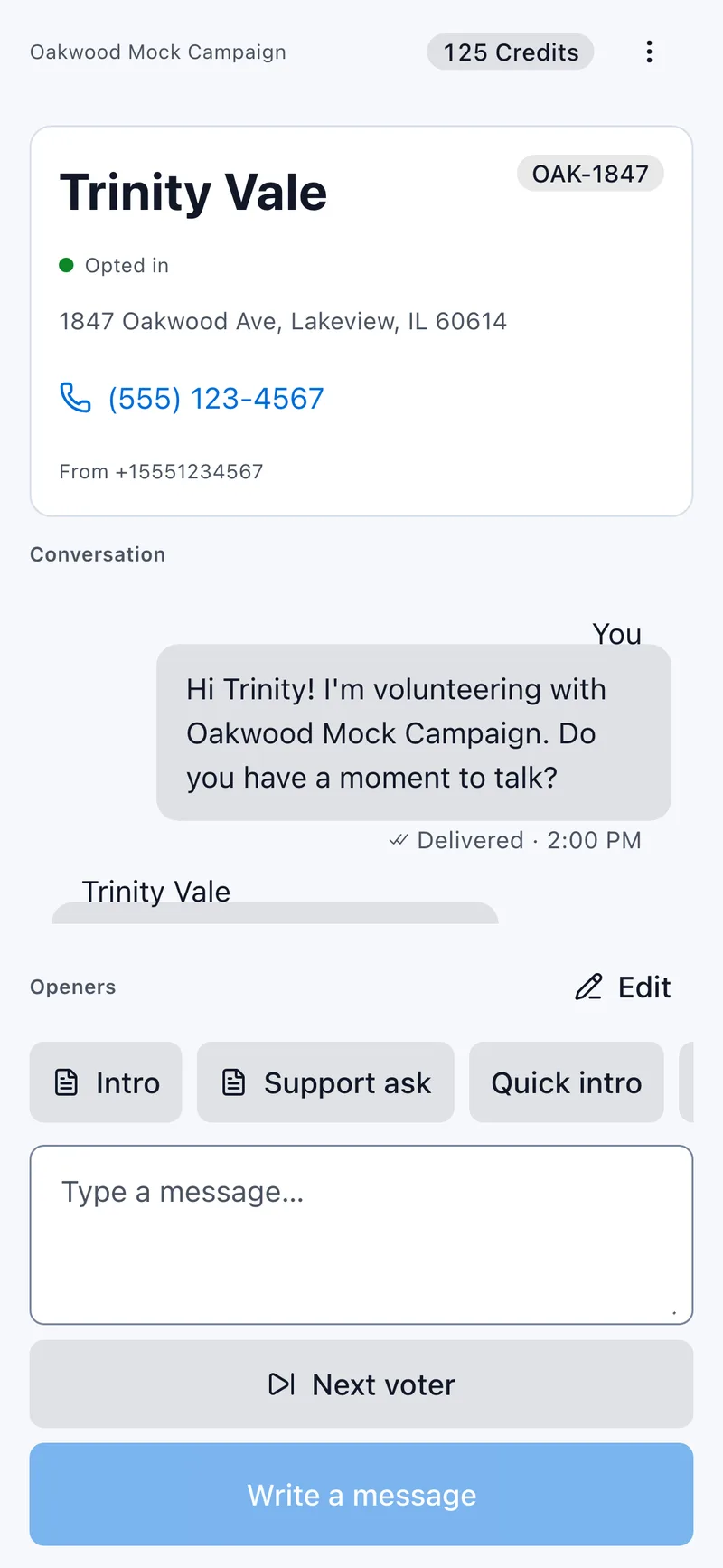 A texting thread in Activate: a one-to-one reply from a voter who opted in, with saved openers under the message box.