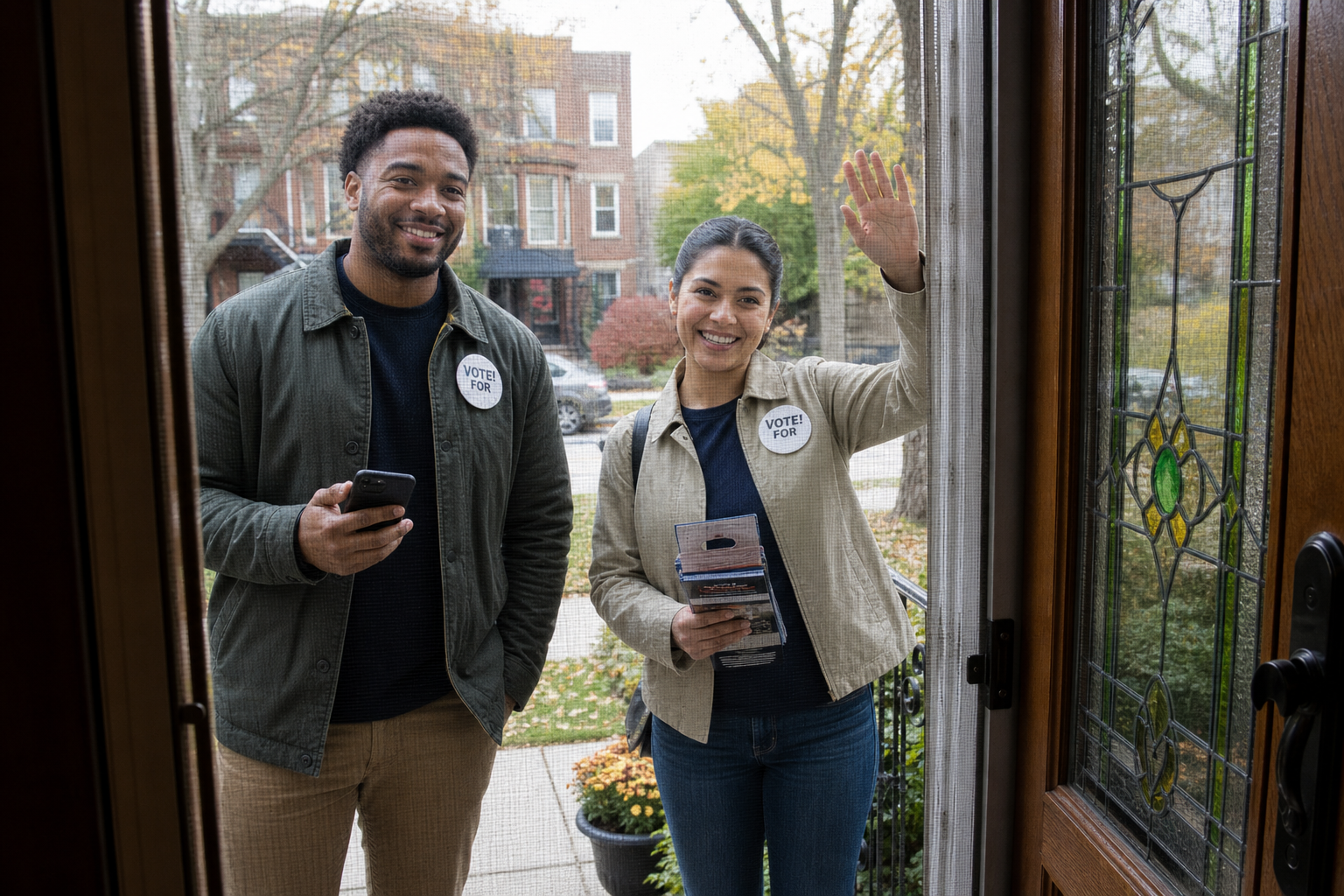 Two canvassers greet a resident at the screen door, one holding a phone and the other waving with literature in hand.