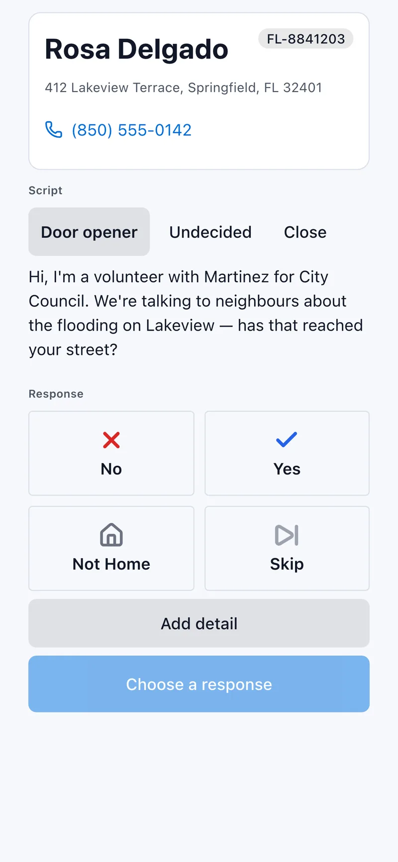 Activate at the door on a phone: the resident's address, the script, and Yes, No, Not Home and Skip buttons