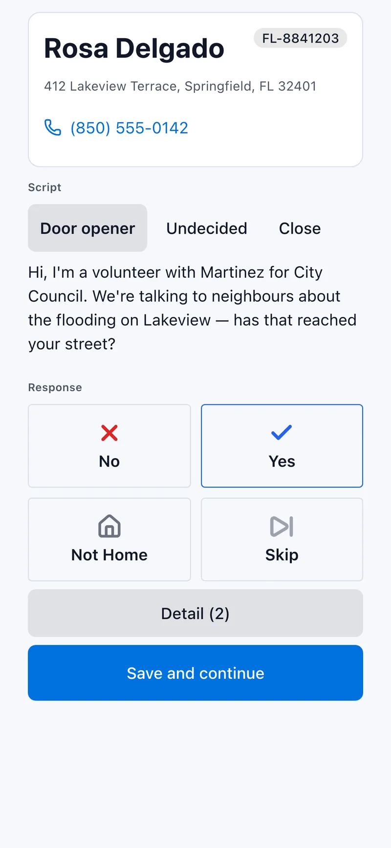 Activate's canvassing screen at a door, with Yes selected and Save and continue ready to tap.