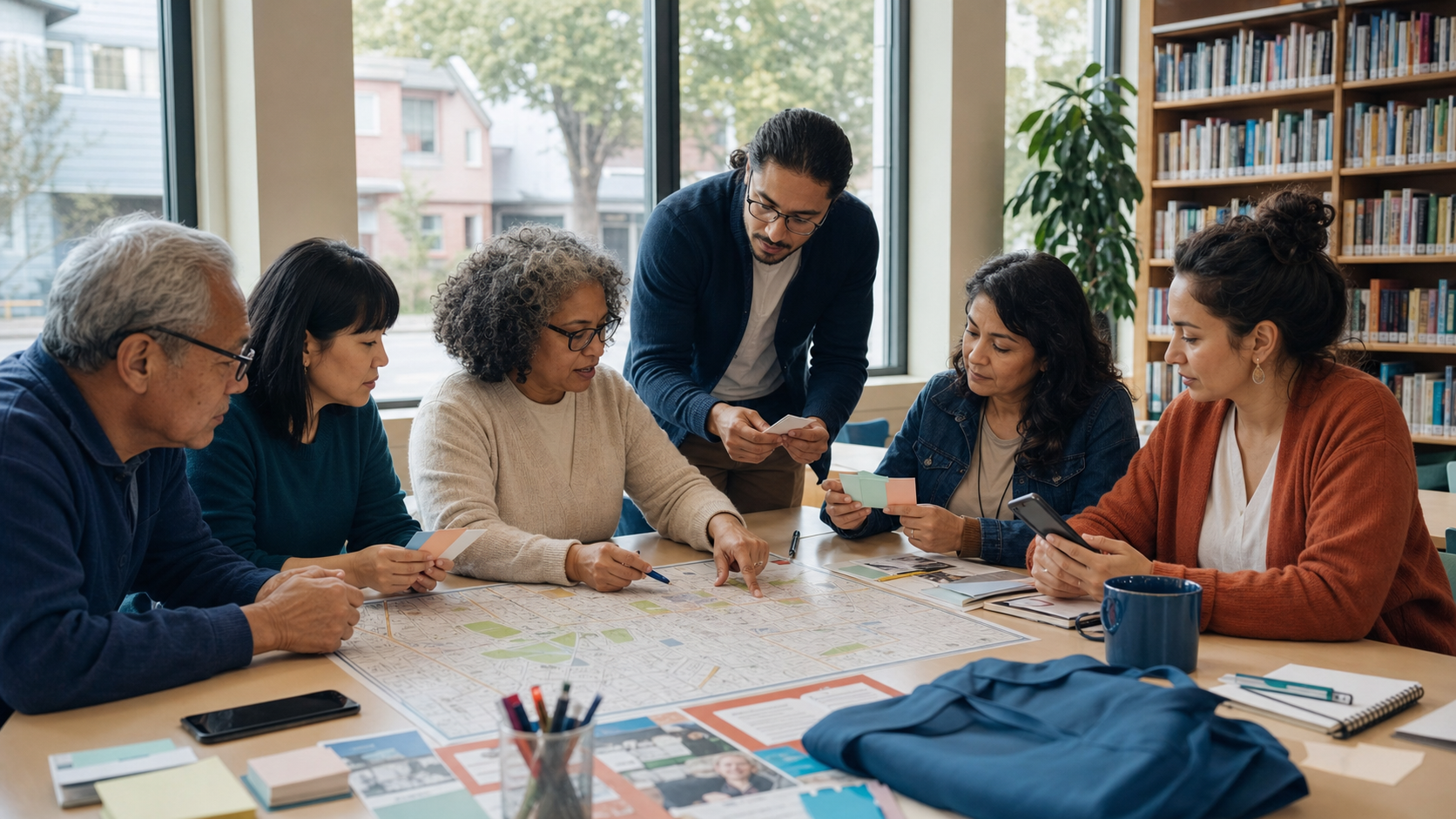 A multilingual group of community volunteers prepares neighborhood outreach together around a map.