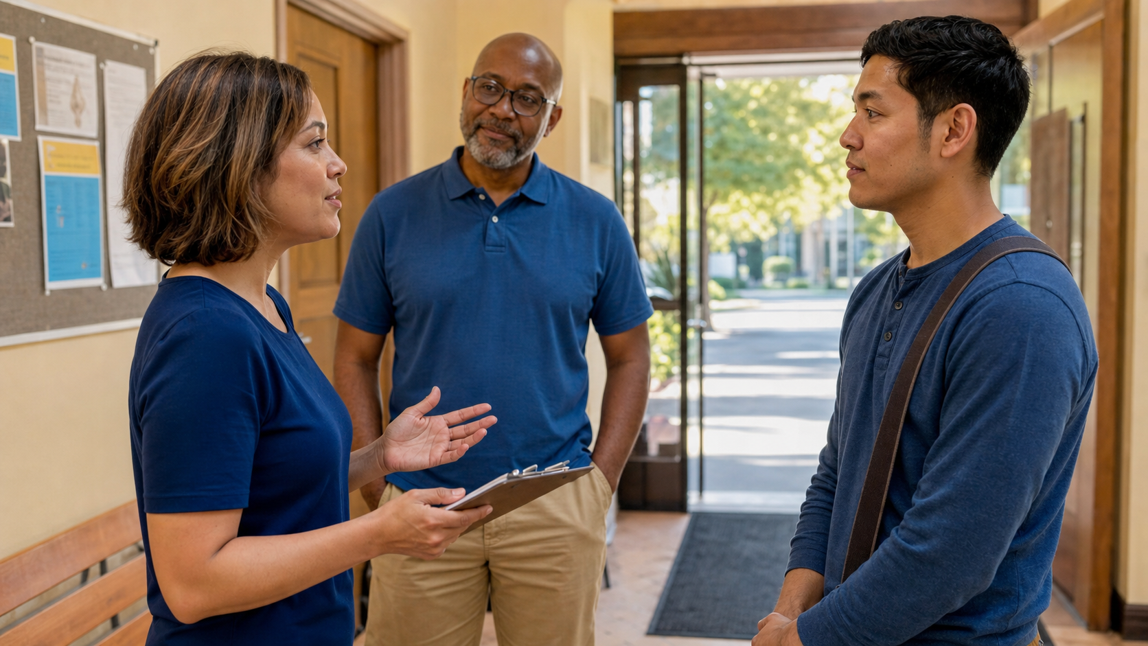 Two local campaign volunteers practice a respectful conversation while a field trainer observes.