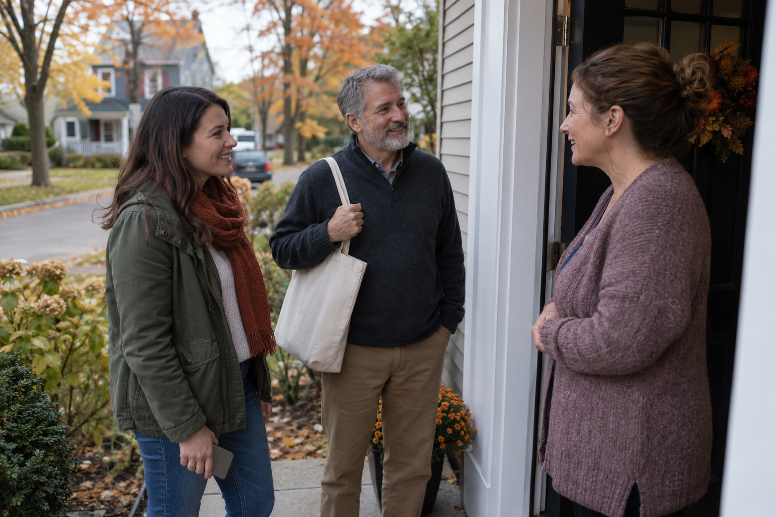 Two volunteers talk with a resident at her front door on a quiet autumn street.