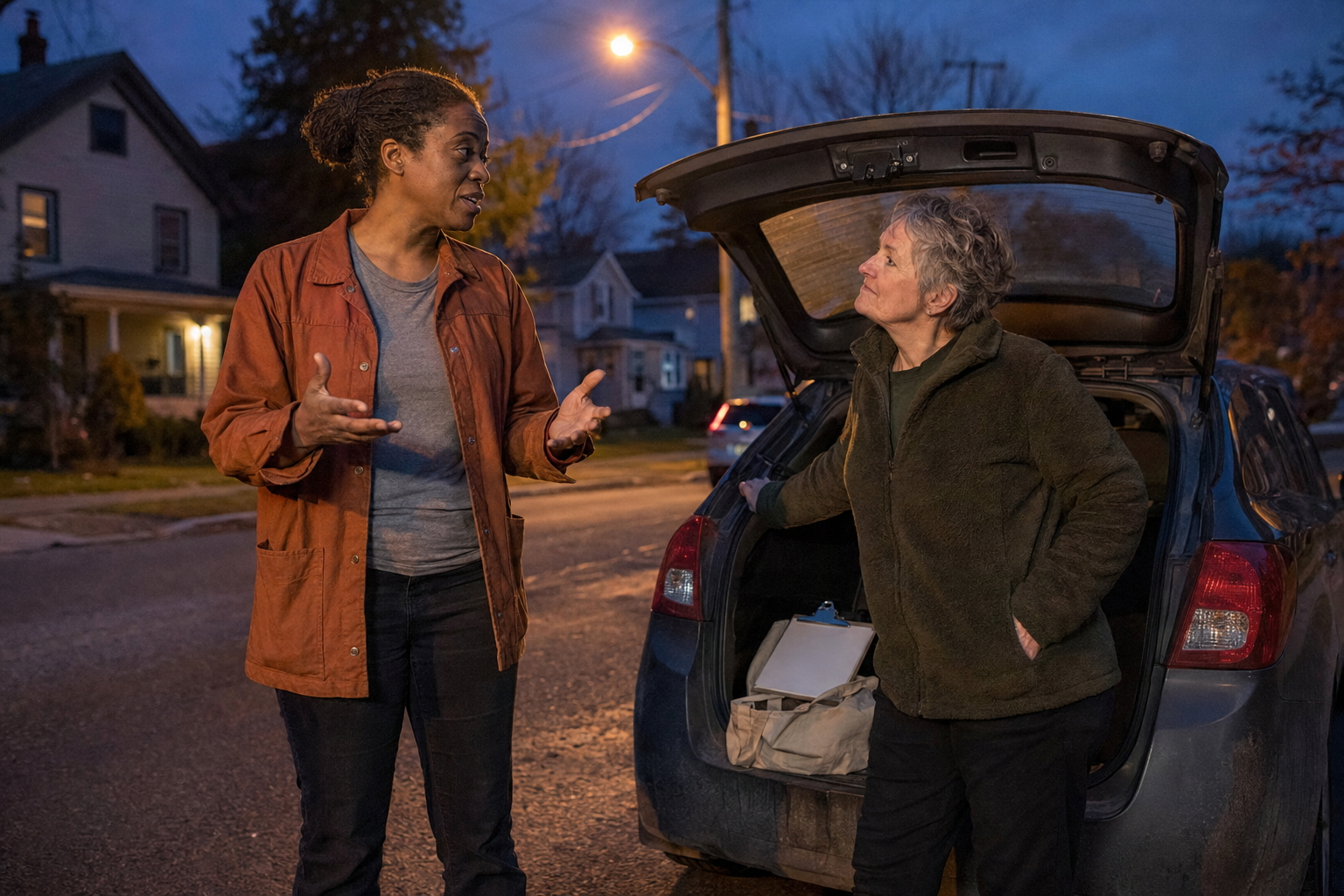 Two canvassers talk beside an open car hatch at dusk, one describing a conversation from her shift while the other listens.