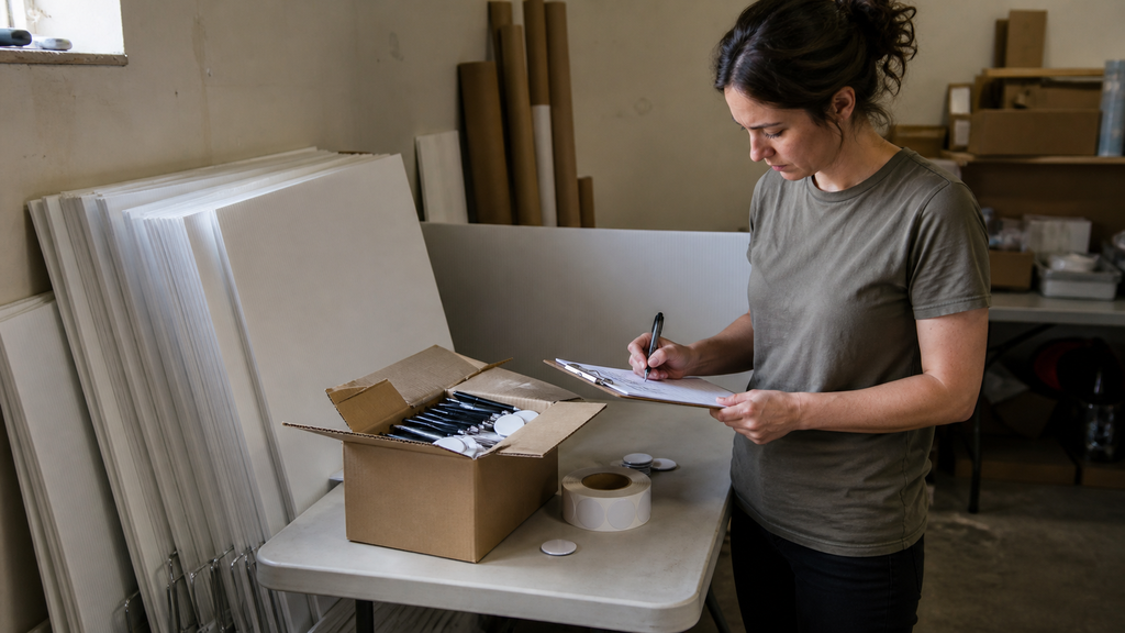 A volunteer with a clipboard counts a box of pens and buttons beside a stack of blank yard signs