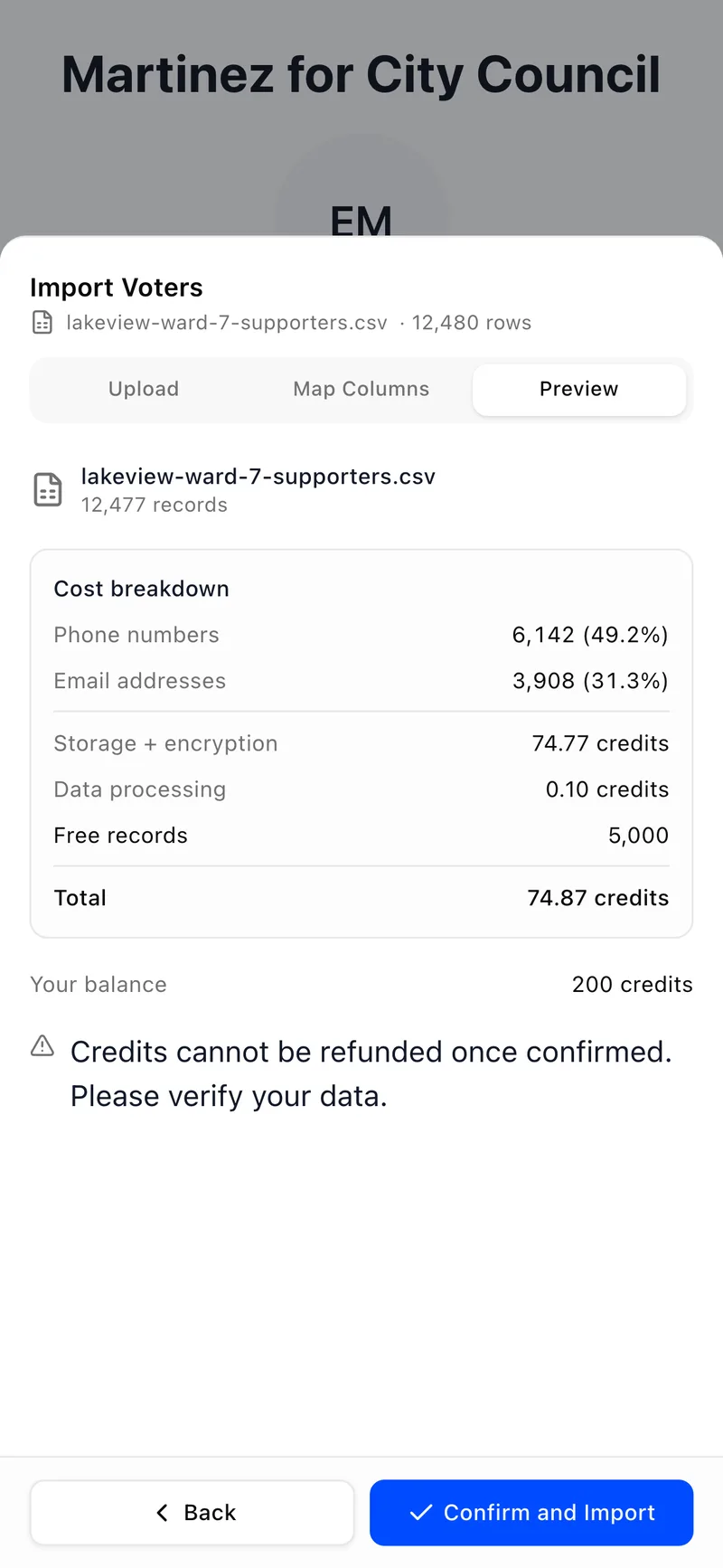 The import cost screen showing record count, phone and email reach, and the total before confirming