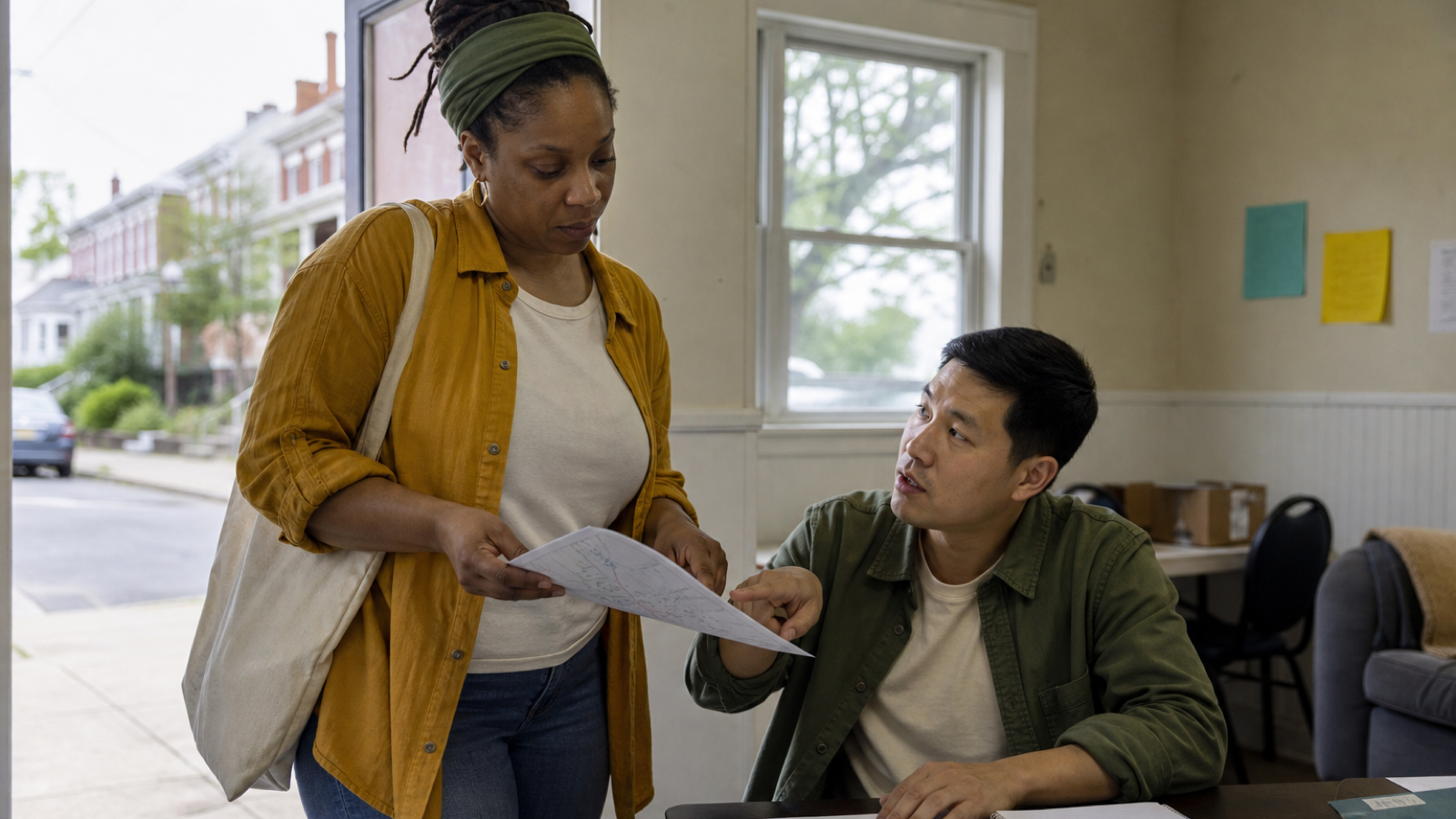 Two canvass organizers compare a route map inside a community-room doorway.