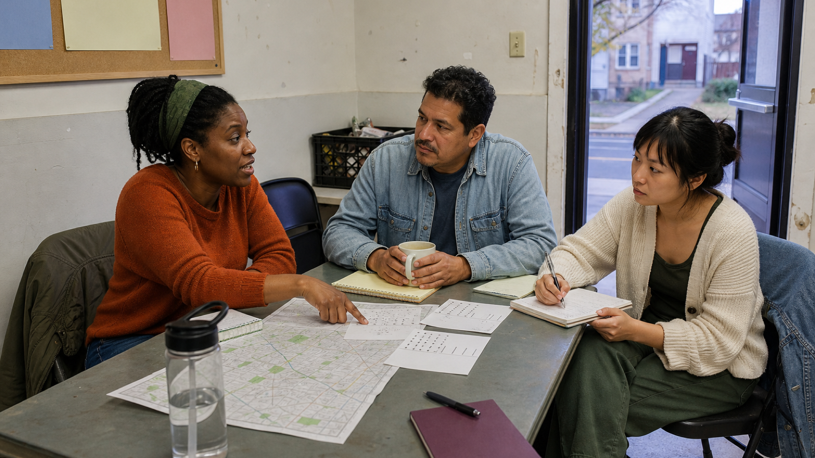 Three canvass organizers compare field tally sheets, a route map, and handwritten debrief notes after a shift.