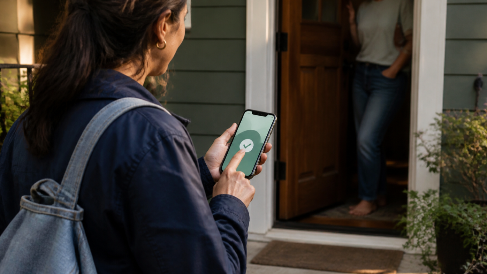 A canvass organizer reviews field notes with a teammate at a doorway.