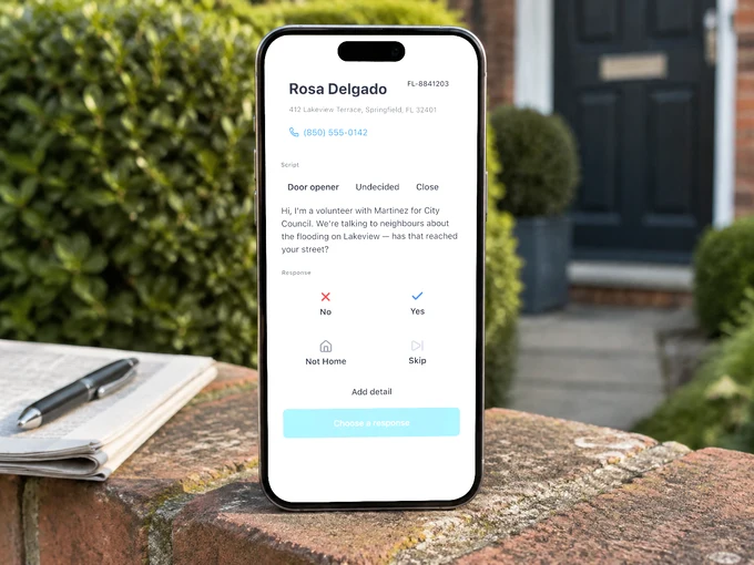 A phone on a low garden wall in bright daylight, showing the next Activate voter assignment ready to knock.