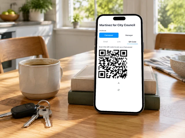 A phone propped on a kitchen table in late morning light, showing the Activate QR code screen for inviting a canvasser to join the team.