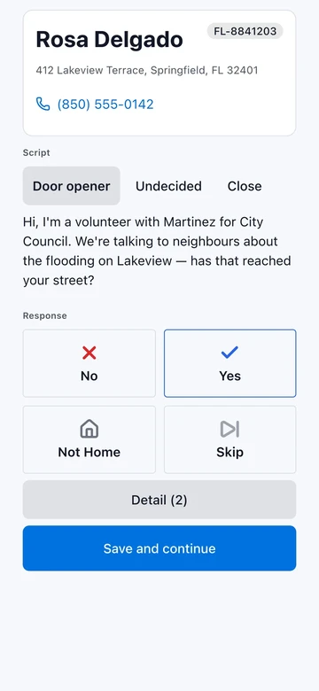Activate's door-to-door visits screen with a conversation script, standard response buttons and Save and continue.