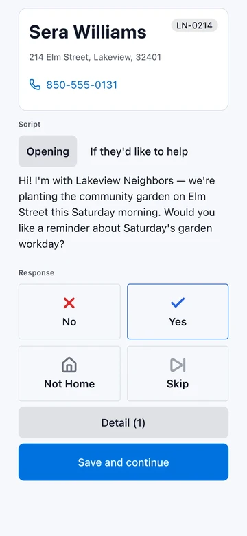 Activate's door-to-door screen for a fictional community program: the organizer's own question, with Yes, No, Not Home and Skip.